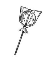 Sweet circle lollipop on wooden stick. Vintage vector illustration in sketch style. Hand drawn caramel candy