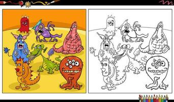 funny comic monsters or aliens characters group coloring page vector