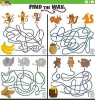 find the way maze activities set with animal characters vector