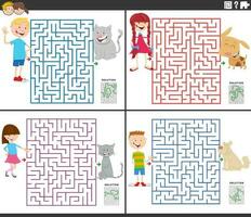 maze activities set with cartoon children ant their pets vector