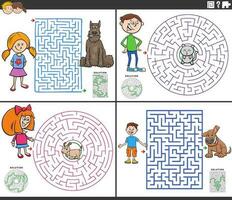maze activity games set with cartoon kids ant their pets vector