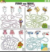 find the way maze games set with cartoon characters vector