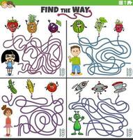 find the way maze games set with cartoon kids and characters vector