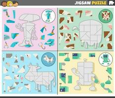 jigsaw puzzle games set with cartoon robots and cows vector