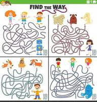 find the way maze games set with cartoon characters vector