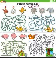 find the way maze games set with cartoon animal characters vector