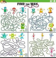 find the way maze games set with cartoon robot characters vector