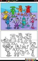 cartoon robots or droids characters group coloring page vector