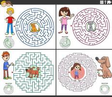 maze games set with cartoon children and their pets vector