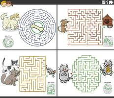 maze activity games set with cartoon cats and dogs vector