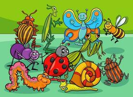 gracioso dibujos animados insectos y caracol cómic caracteres grupo vector