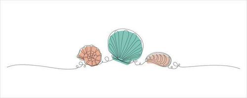 Continuous one line drawing of snail scallop and clum sea shell. Seashell symbol and banner for beauty, spa or wellness salon in simple  linear style. Doodle Vector illustration