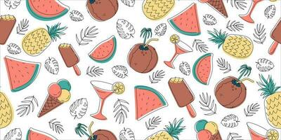 Tropical holiday vector seamless pattern with summer elements. Can be used for decoration of albums, blog, web sites, postcard, poster. Elements - leaves, tropical, hibiscus, coconut, ananas
