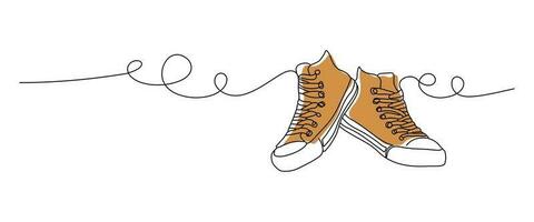 Continuous draw one line women shoes icon. Lady sneaker shoes outline. Fashion chucks shoe design. Elegant women's shoe with colored flat background. Vector illustration with single line drawing