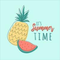 Holiday summer letters with tropical summer elements. Cartoon outline drawing and flat background objects. Ananas, watermelon and It s summer time vector