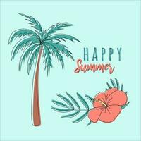 Holiday summer letters with tropical summer elements. Cartoon outline drawing and flat background objects. Palmtree, leaves, hibiscus flow and  Happy Summer lettering vector