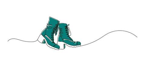 Continuous draw one line women autumn boots. Lady shoes outline drawing. Women shoes with colored flat background. Vector illustration with single line drawing.