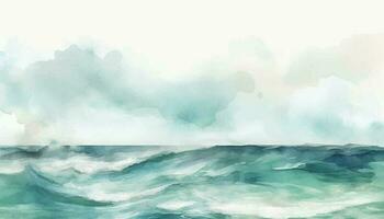 Abstract watercolor landscape with seascape and cool waves. Hand drawn illustration for your design and background with teal green and deep colors. vector