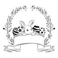 Happy Easter banner with floral wreath frame, hand drawing style. Vector Illustration