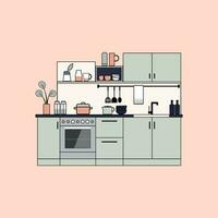 Flat illustration of modern kitchen interior with furniture, appliances and utensils, vector illustration