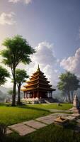 Wonderful temple environment in a nature by green foliage of park created with generative ai technology photo