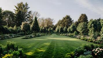 cielo jardín paisaje con hermosa flores, verde arboles y plantas creado con generativo ai tecnología foto