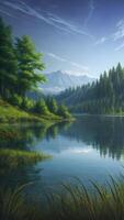 Scenic nature landscape reflection green trees foliage by mountain hills view created with technology photo