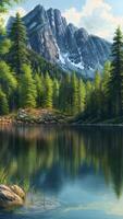 Scenic nature landscape reflection green trees foliage by mountain hills view created with generative ai technology photo