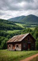 Wooden house in nature with enchanting view green foliage of trees created with generative ai technology photo