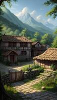 Photorealistic 3d illustration of an village environment in a scenic nature forest on a sunny day created with technology. photo
