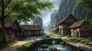 Photorealistic 3d illustration of an village environment in a scenic nature forest on a sunny day created with technology. photo