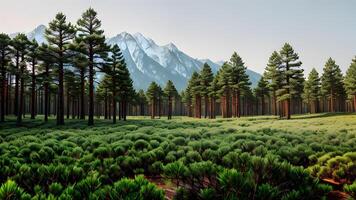 Nature scenery the trees in the pine forest on a clear summer daylight with green grass pattern created with generative ai technology photo