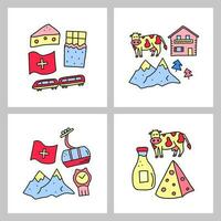 Groups of doodle colored Switzerland travel icons. vector