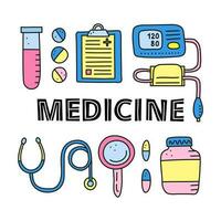 Poster with doodle colored medical items. vector