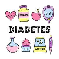 Poster with lettering and doodle colored diabetes items. vector