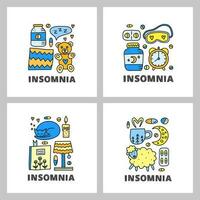 Cards with lettering and doodle insomnia and bed time icons. vector