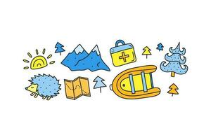 Group of doodle colored eco tourism icons. vector