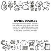 Poster with doodle outline iodine foods sources. vector