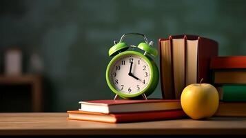 Back to school concept with alarm clock, books and bag, photo
