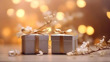 Gift boxes with blooming branch on bokeh background. New year, mid autumn festival, celebration, photo