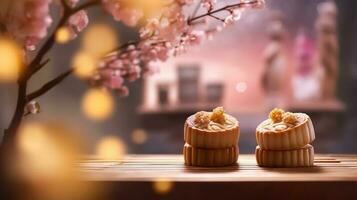 Mid-Autumn Festival moon cake and Sakura blossom background, Generative AI photo