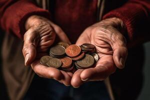 Close up of old man's hands holding coins. Poverty concept, charity day concept, Generative Ai photo