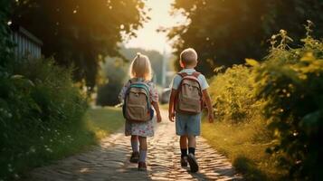 espalda ver de dos pequeño niños con mochilas yendo a escuela, espalda a colegio concepto, generativo ai foto