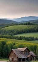 Wooden house in nature with enchanting view green foliage of trees created with generative ai technology photo