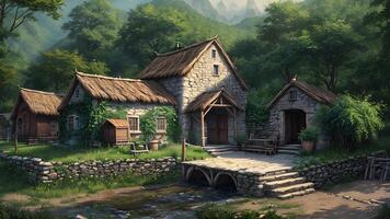 Photorealistic 3d illustration of an village environment in a scenic nature forest on a sunny day created with technology. photo