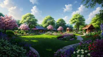Day light and shadow in a village with beautiful garden environment created with technology photo