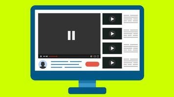 web video speler pc scherm met web browser venster. video speler Speel knop geklikt door muis cursor animatie groen scherm. multimedia speler bezig met laden bar rennen tijdcode. video hosting website.