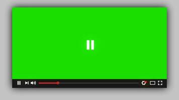 Video player play button clicked by mouse cursor animation Green screen. Media Player Video playback Interface. Multimedia player loading bar running timecode.  Play Pause stop media player button.