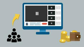 monetizzare video e guadagnare i soldi a partire dal in linea. persone Guardando video Contenuti mostrando Annunci rendere reddito. video giocatore con tenere sotto controllo e monete caduta giù nel portafoglio. pubblicità monetizzazione infografica.