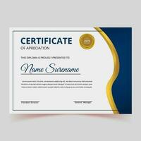 azul y oro certificado de logro modelo conjunto con oro Insignia y borde, vector ilustración, vector, diseño, volantes, premio diploma diseño blanco